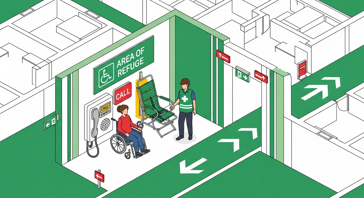Accessible evacuation route showing area of refuge with two-way communication, wheelchair occupant, evacuation chair and trained assistant