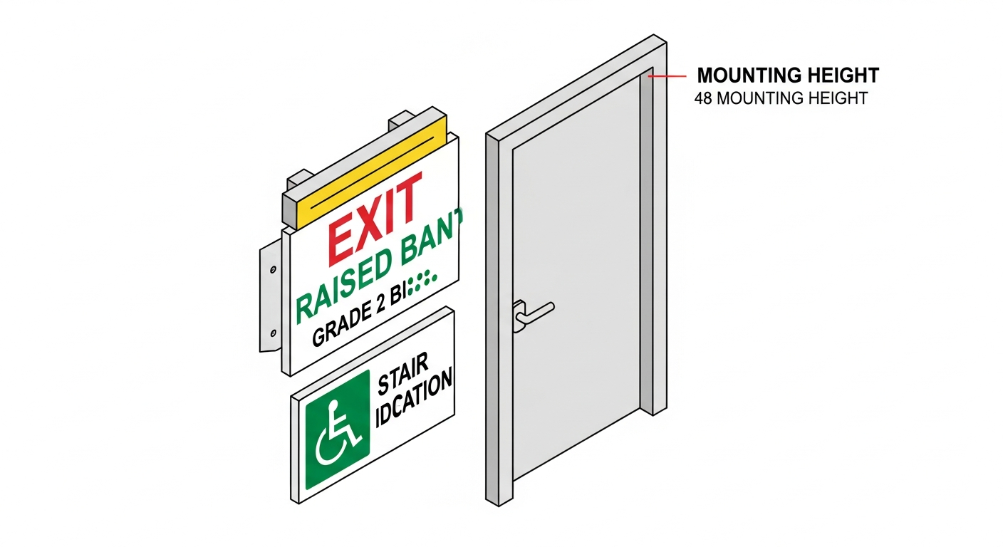 Wall-mounted tactile exit sign with raised characters, Grade 2 Braille and stair identification sign at 48-inch mounting height beside door