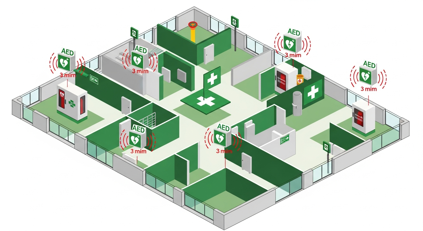 Floor plan showing AED placement with 3-minute response time circles, mounting cabinets, signage and first aid station integration