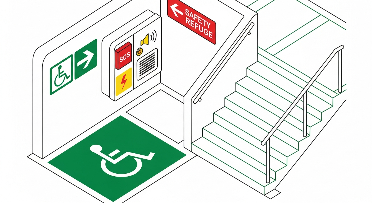 Stair landing configured as an area of refuge with wheelchair space, two-way communication station and accessibility signage