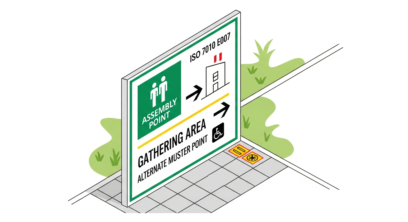 Outdoor assembly point sign with ISO 7010 E007 symbol, named gathering area away from building, alternate muster point and accessibility-marked location