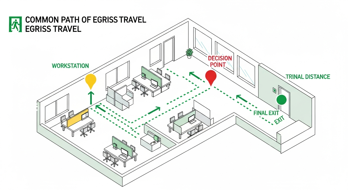 Floor plan illustrating common path of egress travel from a remote workstation to a decision point and continuing as travel distance to the exit
