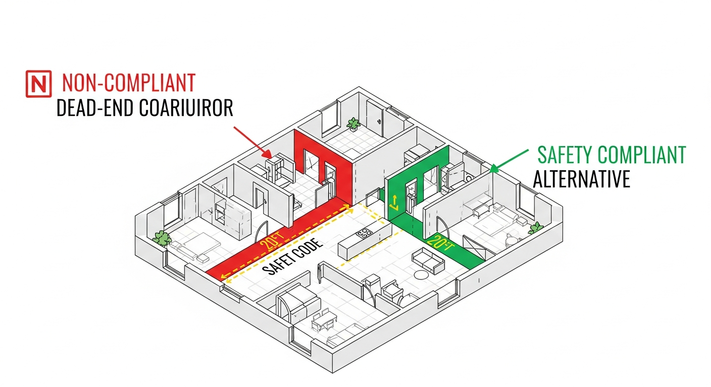 Floor plan highlighting a non-compliant dead-end corridor in red with the 20-foot code limit overlaid and a redesigned compliant alternative