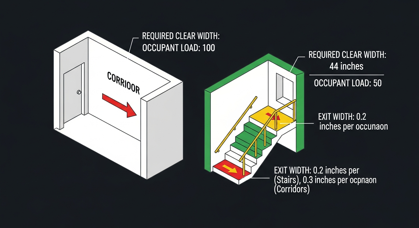 Diagram showing a corridor and stair labeled with required clear width in inches, occupant load and the 0.2 / 0.3 inch per occupant factors