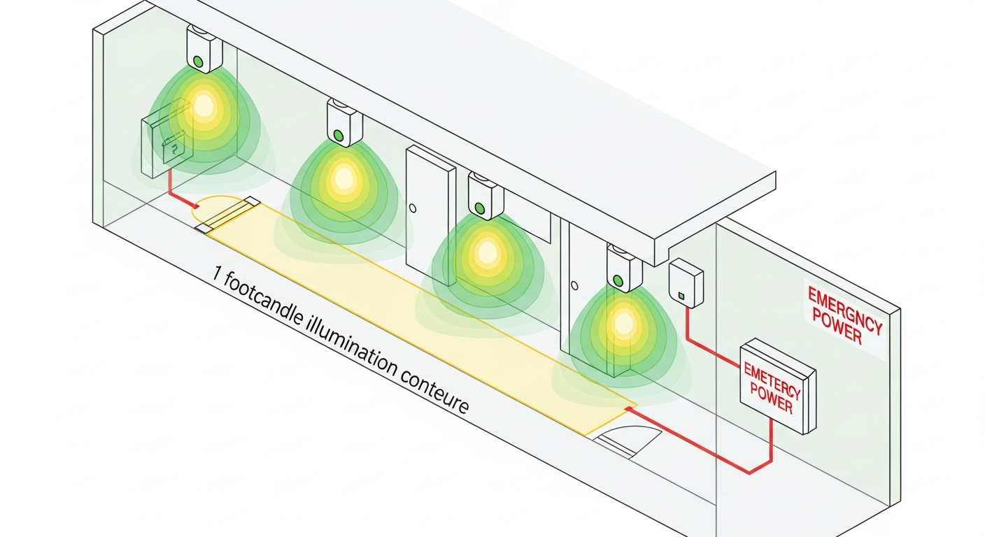 Diagram of emergency lighting fixtures along corridor with 1-footcandle illumination contour, battery backup unit and isocandela coverage map