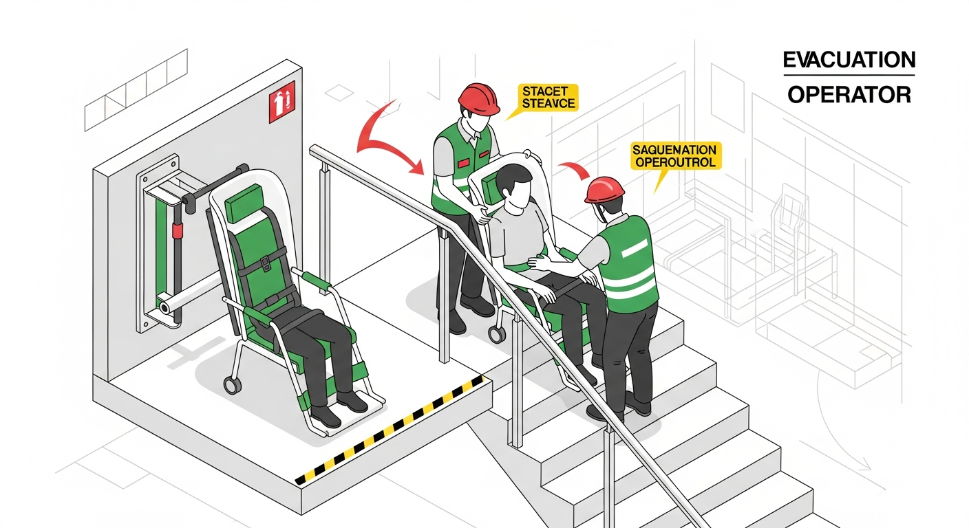 Evacuation chair stored at stair landing with mounting bracket, two trained operators demonstrating proper technique descending stairs with occupant
