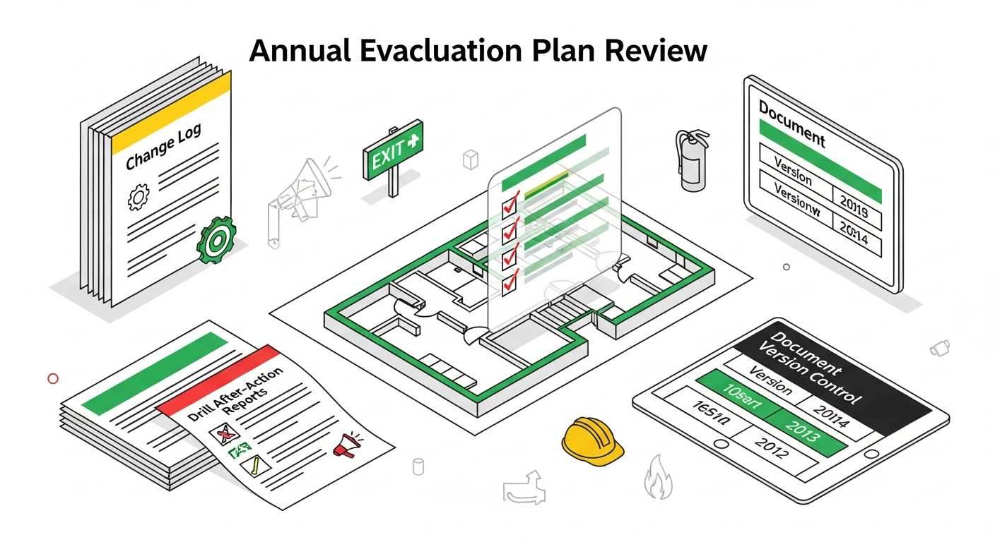 Annual evacuation plan review with checklist, building floor plan, change log, drill after-action reports and document version control records