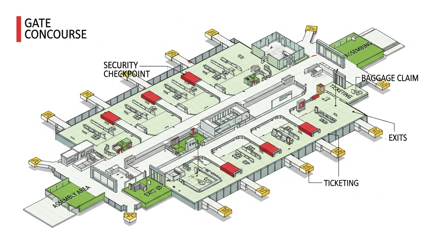 Airport terminal floor plan showing gate concourse, security checkpoint, baggage claim, ticketing, exits and assembly areas
