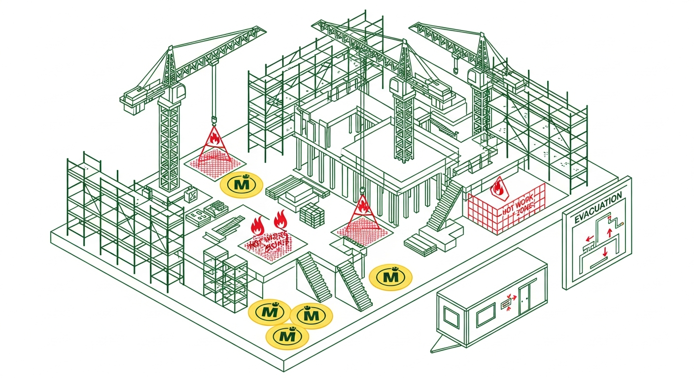 Construction site plan showing scaffolds, cranes, temporary stairs, hot work zones, muster points and posted evacuation diagram at the trailer office