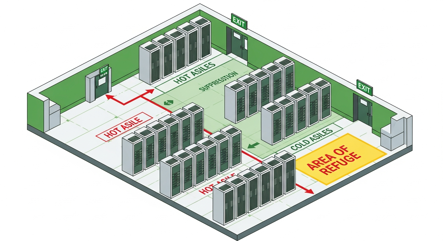 Data center floor plan showing hot and cold aisles, server rack rows, clean-agent suppression coverage zone, exit doors and area of refuge