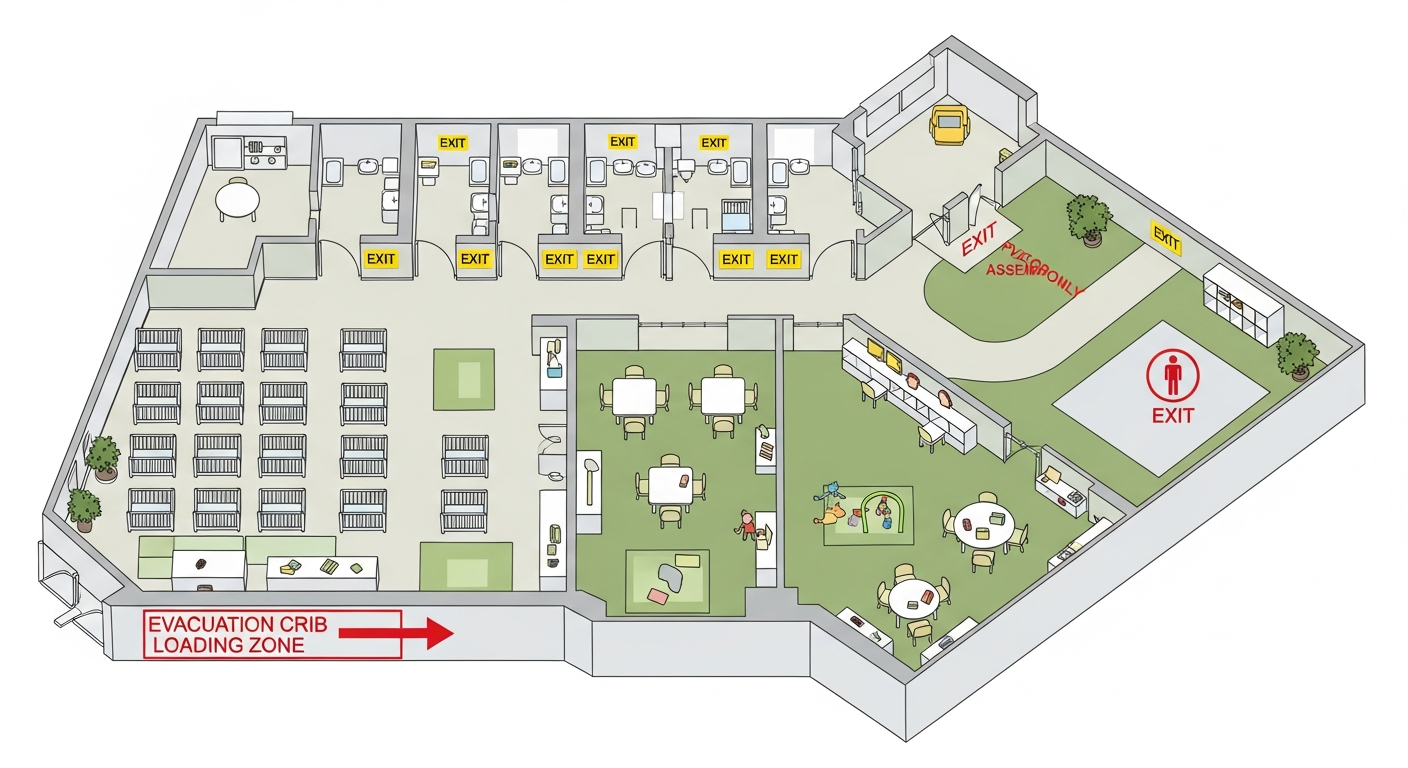 Daycare classroom floor plan with cribs, play areas, evacuation crib loading zone, exits and the assembly point on the playground