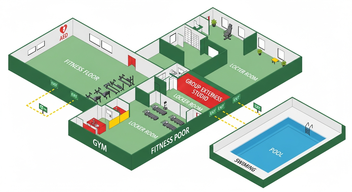 Gym floor plan showing fitness floor, group exercise studio, locker rooms, pool, AED locations and exit routes