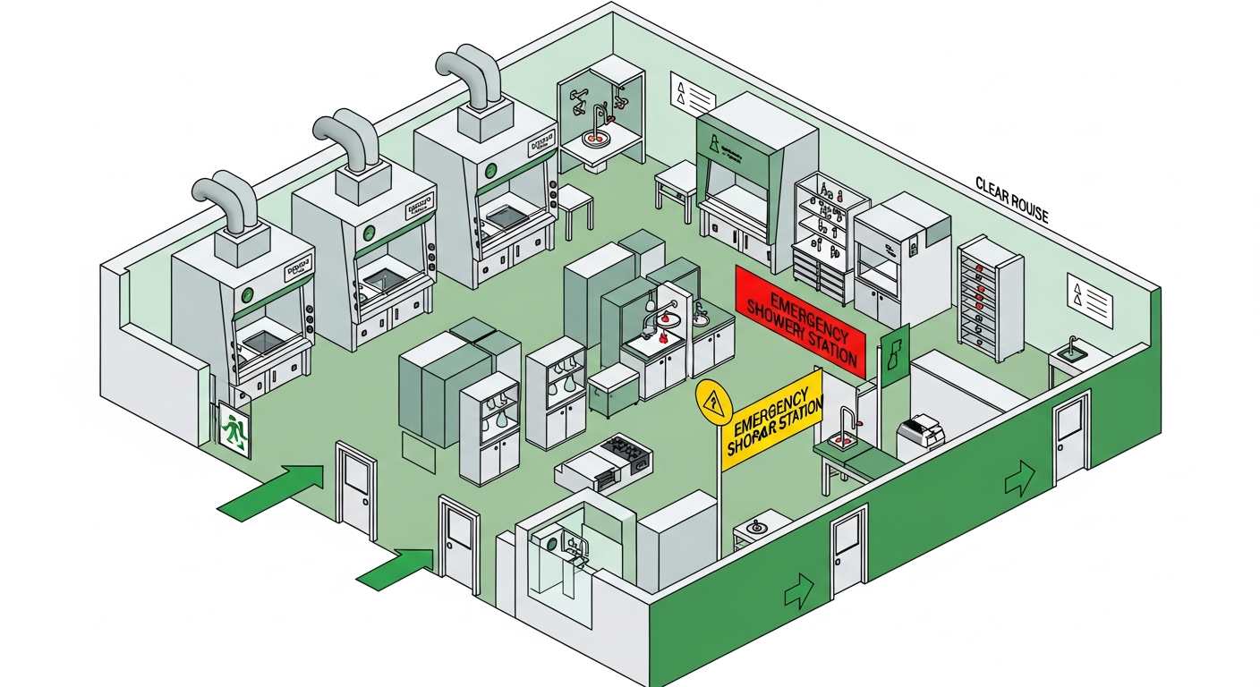 Laboratory floor plan with fume hoods, biosafety cabinets, chemical storage cabinets, emergency shower/eyewash and exit routes marked