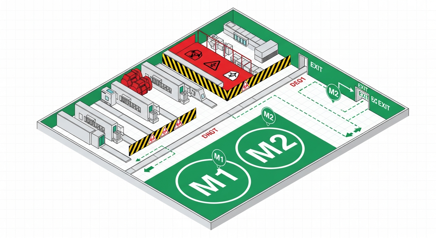 Manufacturing plant floor plan showing production lines, hazardous material zones, primary and secondary muster points and exit routes