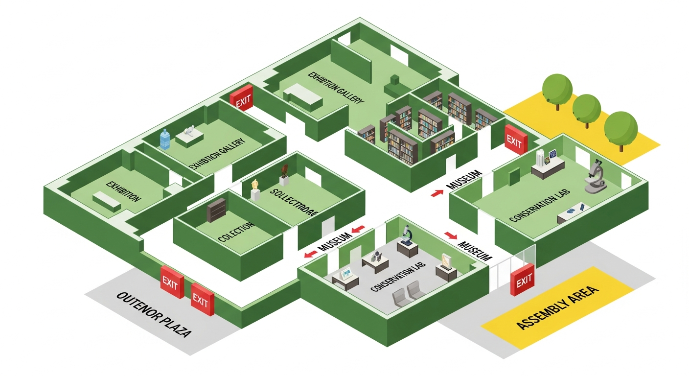 Museum floor plan showing exhibition galleries, collection storage, conservation lab, exits and the assembly area on the plaza