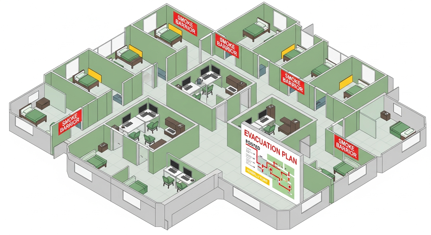 Nursing home floor plan showing smoke compartments separated by smoke barrier doors, resident rooms, nurse stations and posted evacuation plan