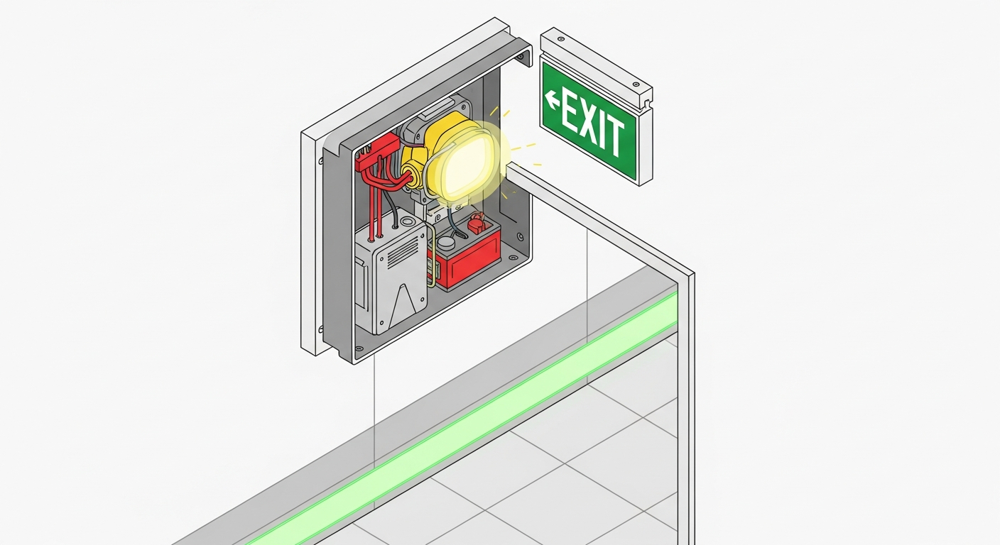Diagram of internally-illuminated exit sign with battery backup and photoluminescent low-location egress marking along corridor wall