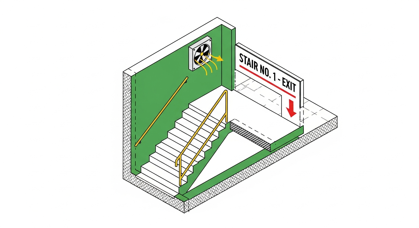 Cross-section of an enclosed exit stair showing risers, treads, handrails, fire-rated enclosure walls, stair pressurization fan and stair-identification signage