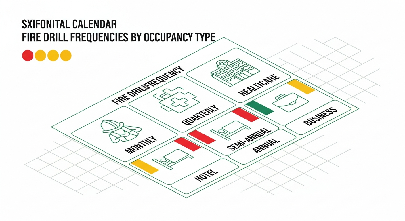 Calendar showing fire drill frequency by occupancy: monthly schools, quarterly healthcare, semi-annual hotels and annual business occupancies