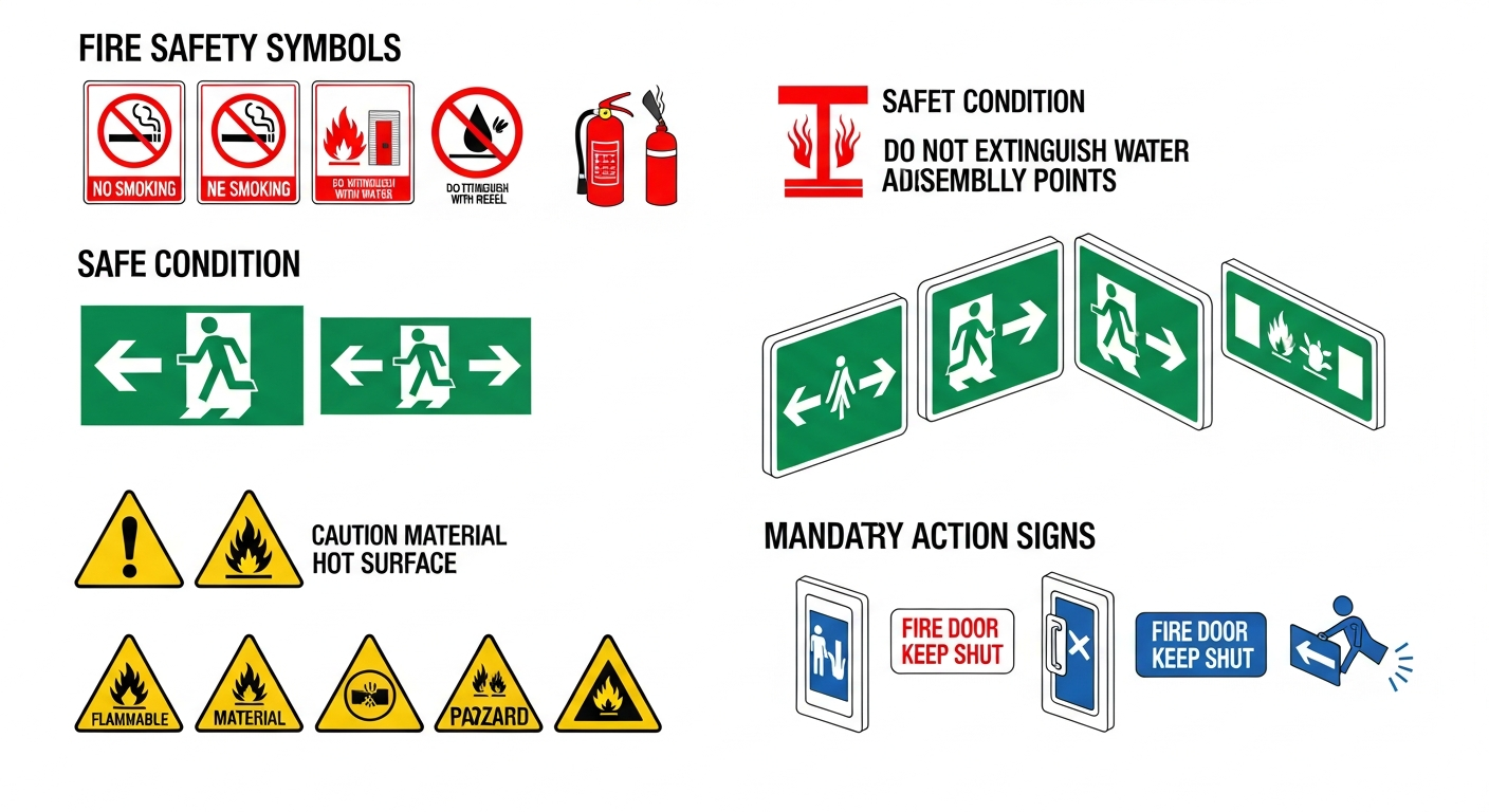 Color-coded fire safety symbol chart showing red prohibition and fire equipment, green safe condition exits and assembly, yellow warning hazards and blue mandatory action signs
