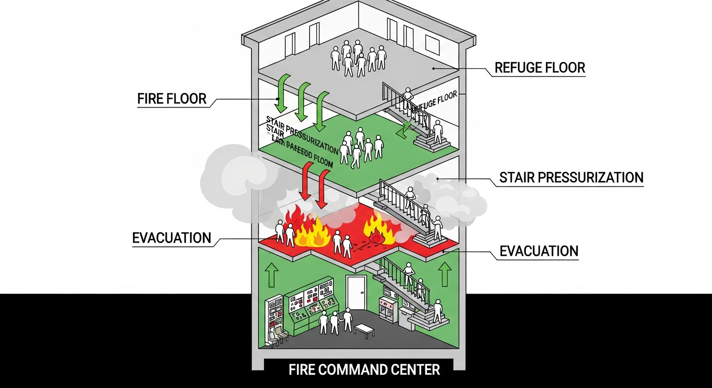 High-rise tower cross-section showing fire floor, evacuation of floors above and below, refuge floor, stair pressurization and fire command center