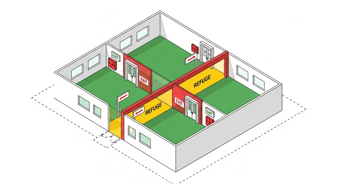 Plan view of a building divided into two fire compartments by a 2-hour fire barrier with paired horizontal exit doors and refuge area
