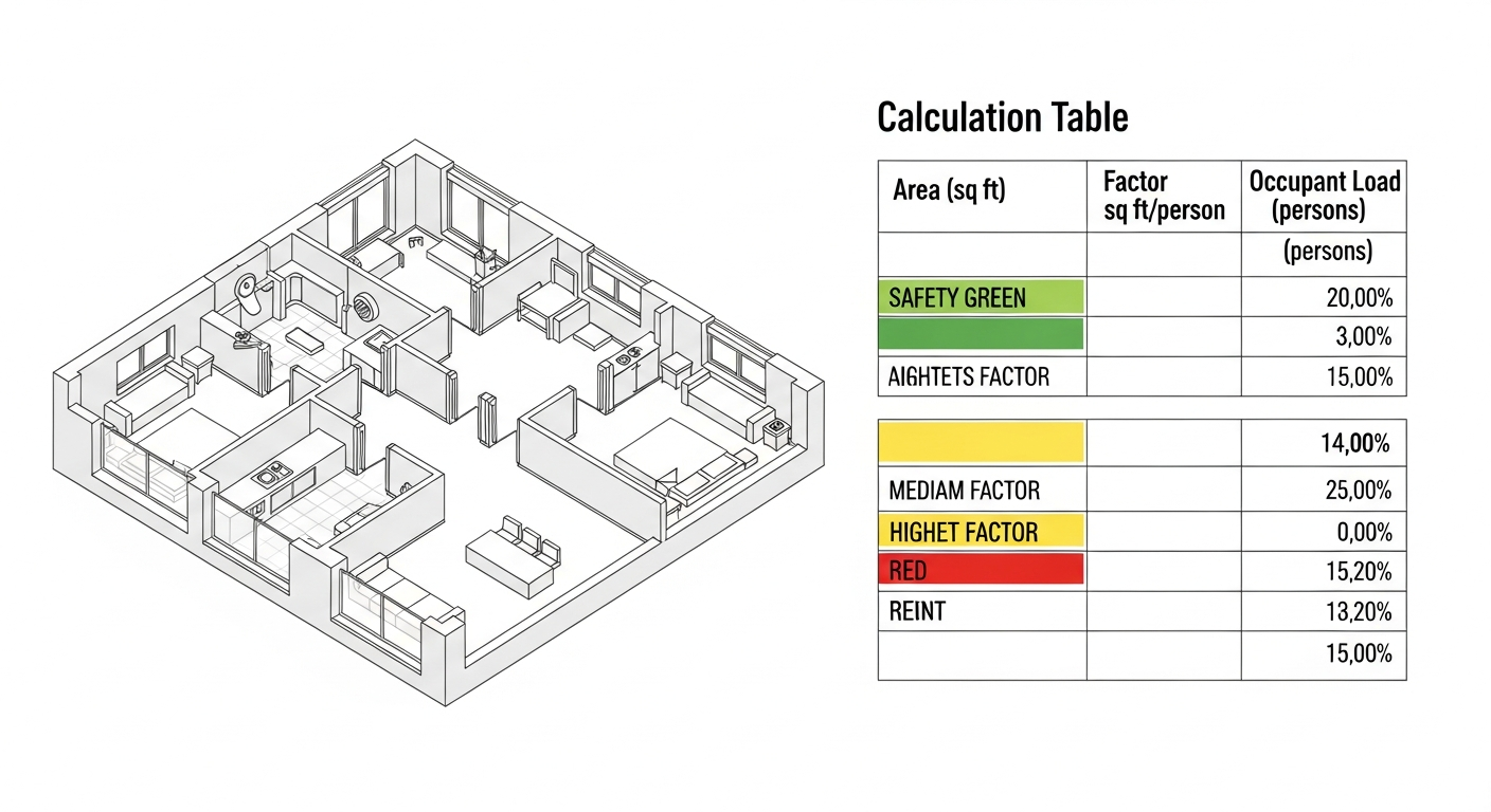 Floor plan with rooms color-coded by occupant load factor and a calculation table showing area, factor and resulting occupant load