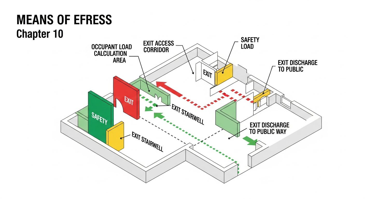 International Building Code Chapter 10 means of egress diagram showing occupant load, exit access, exit and exit discharge components