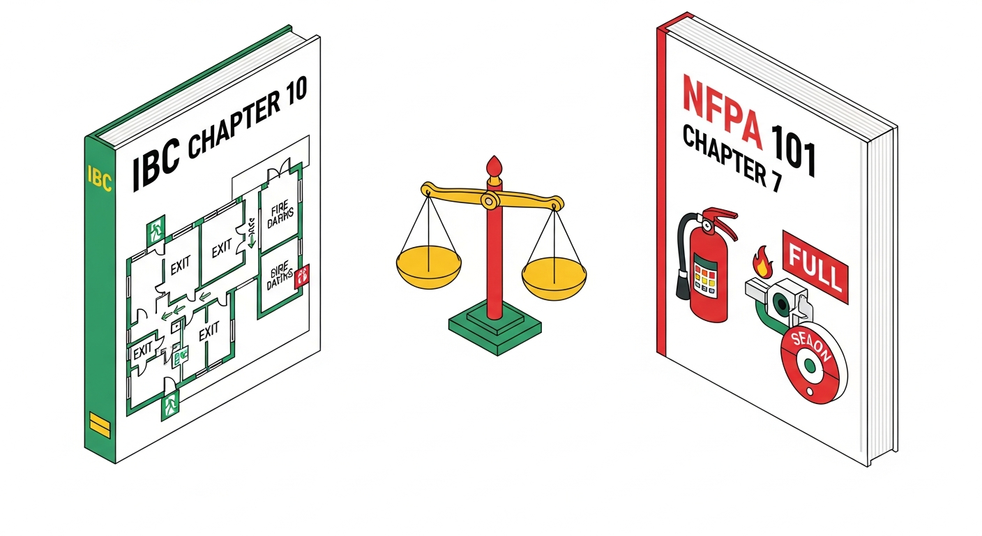 Side-by-side comparison of IBC Chapter 10 and NFPA 101 Chapter 7 covers with a balance scale icon between them