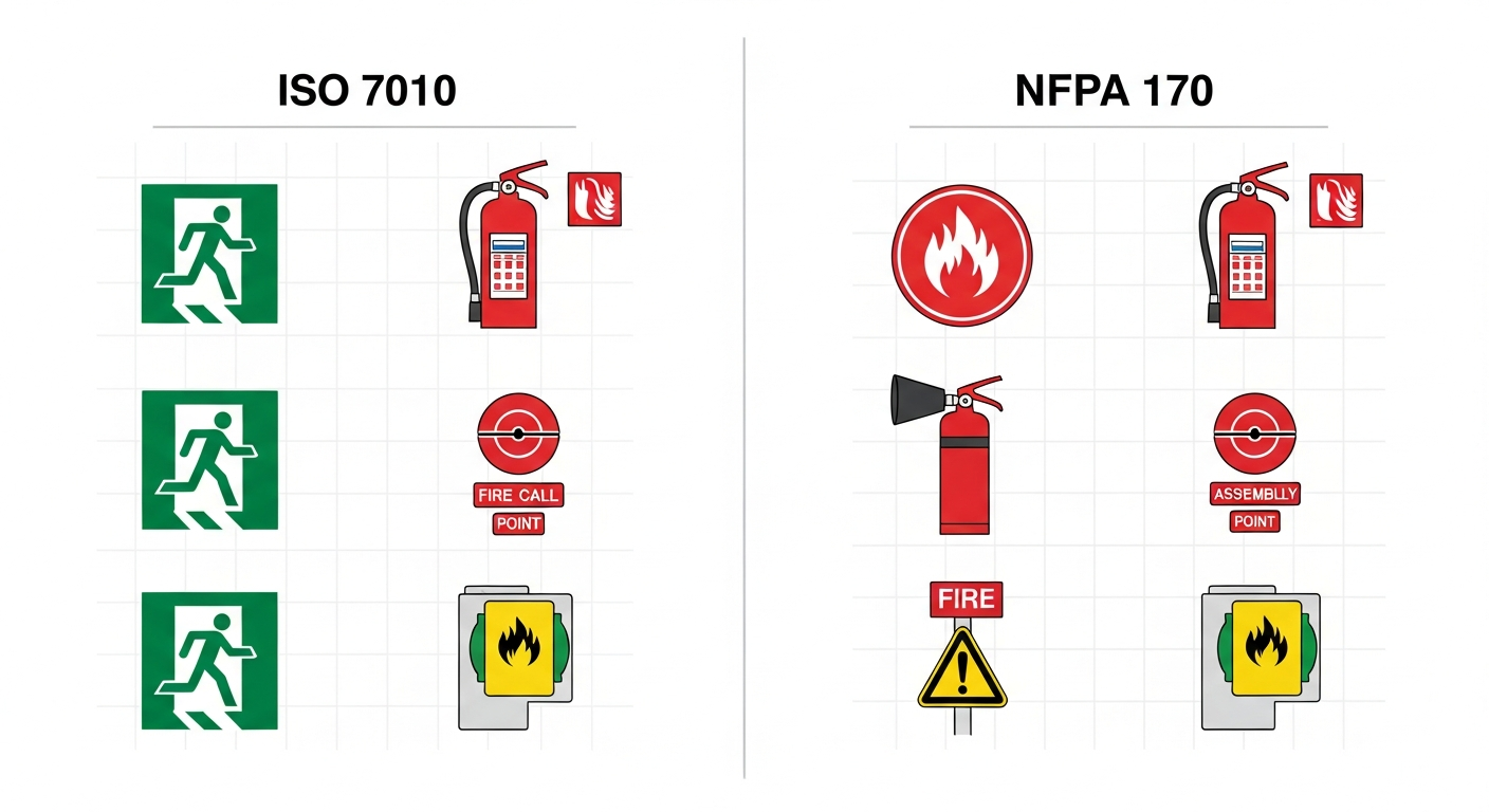 Side-by-side comparison of ISO 7010 and NFPA 170 fire safety symbols including running man, fire extinguisher, fire alarm and assembly point icons