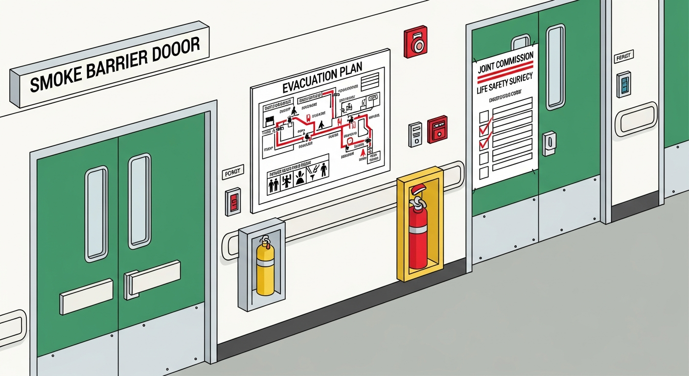 Hospital corridor with smoke barrier doors, posted evacuation plan and Joint Commission Life Safety survey checklist