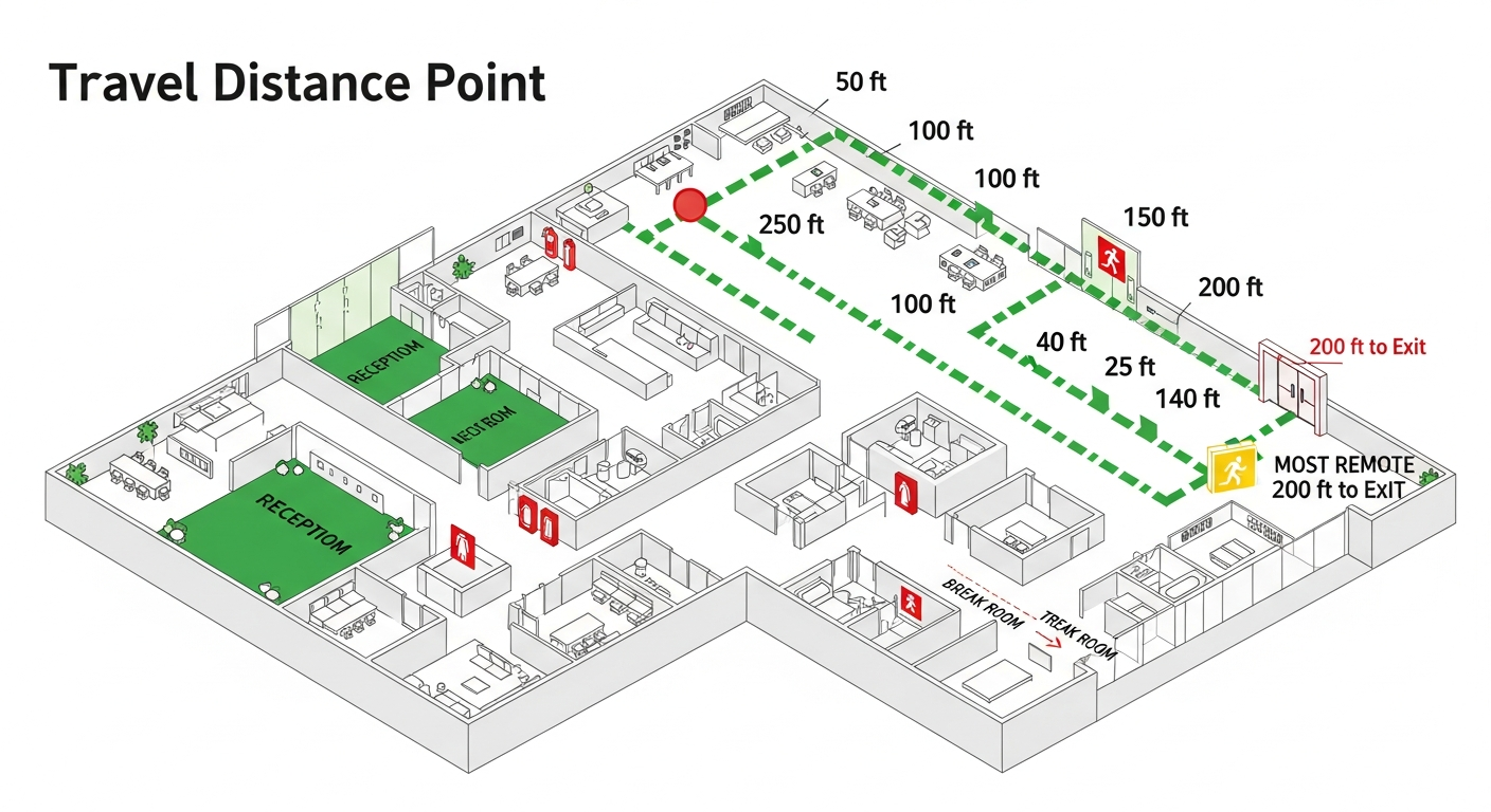 Floor plan with travel distance path drawn from the most remote point to the nearest exit and labeled with feet measurement