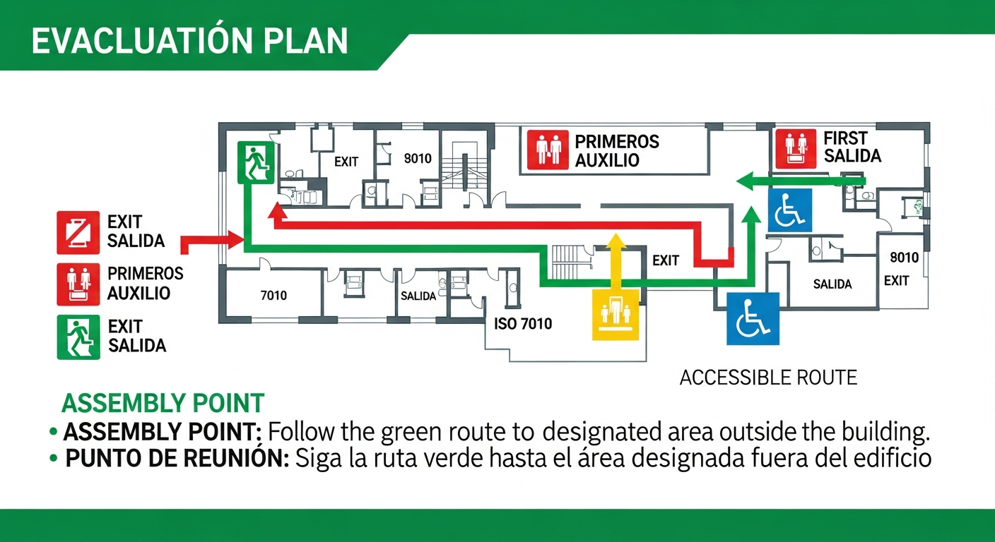 Multilingual evacuation plan with ISO 7010 pictograms, English and Spanish text labels, accessible route highlighted and translated assembly point instructions