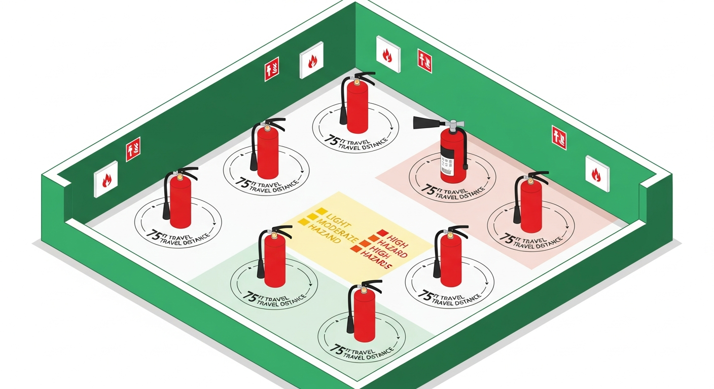 Floor plan showing fire extinguisher placement with 75-foot travel-distance circles, hazard classification zones and mounting locations