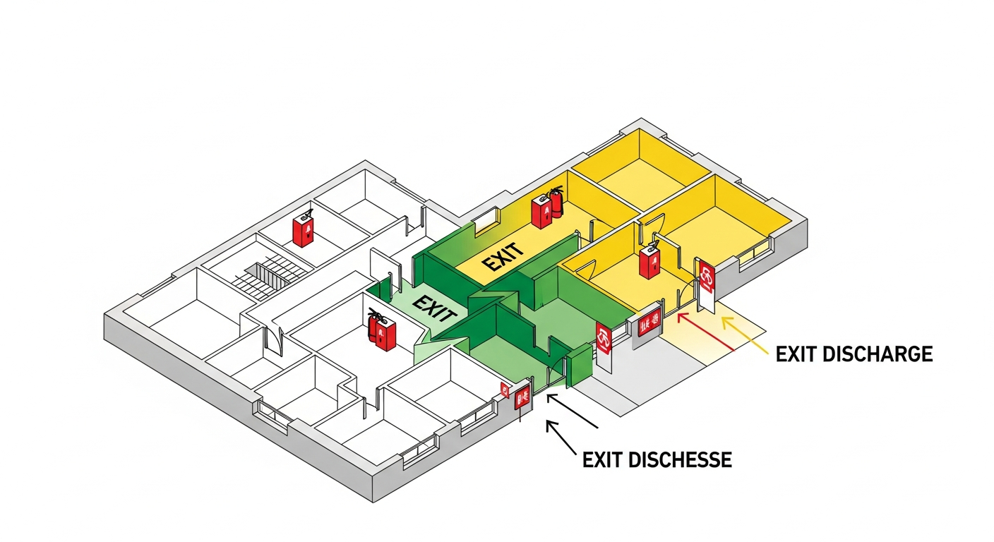 NFPA 101 Chapter 7 means of egress diagram showing exit access, exit and exit discharge on a floor plan