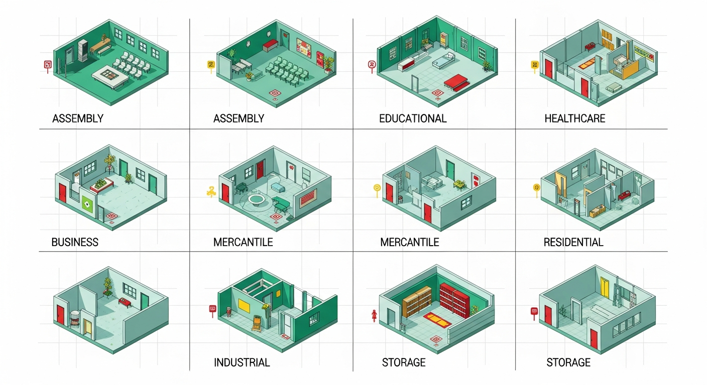 Illustration of twelve NFPA 101 occupancy types — assembly, educational, healthcare, business, mercantile, residential, industrial, storage — arranged in a grid
