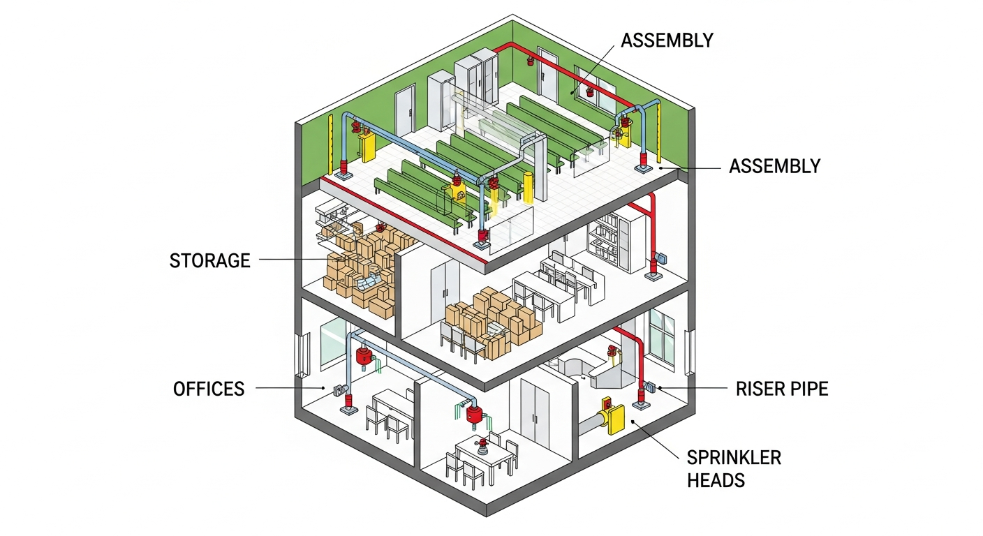 Cutaway diagram of a building with NFPA 13 automatic sprinkler heads protecting offices, storage and assembly spaces