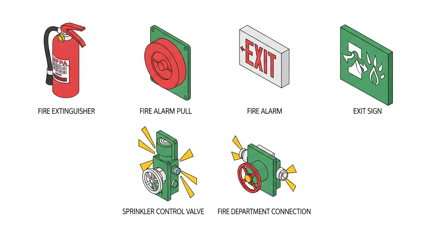 Sample sheet of NFPA 170 standard fire safety symbols including fire extinguisher, fire alarm pull station, exit, sprinkler control valve and fire department connection