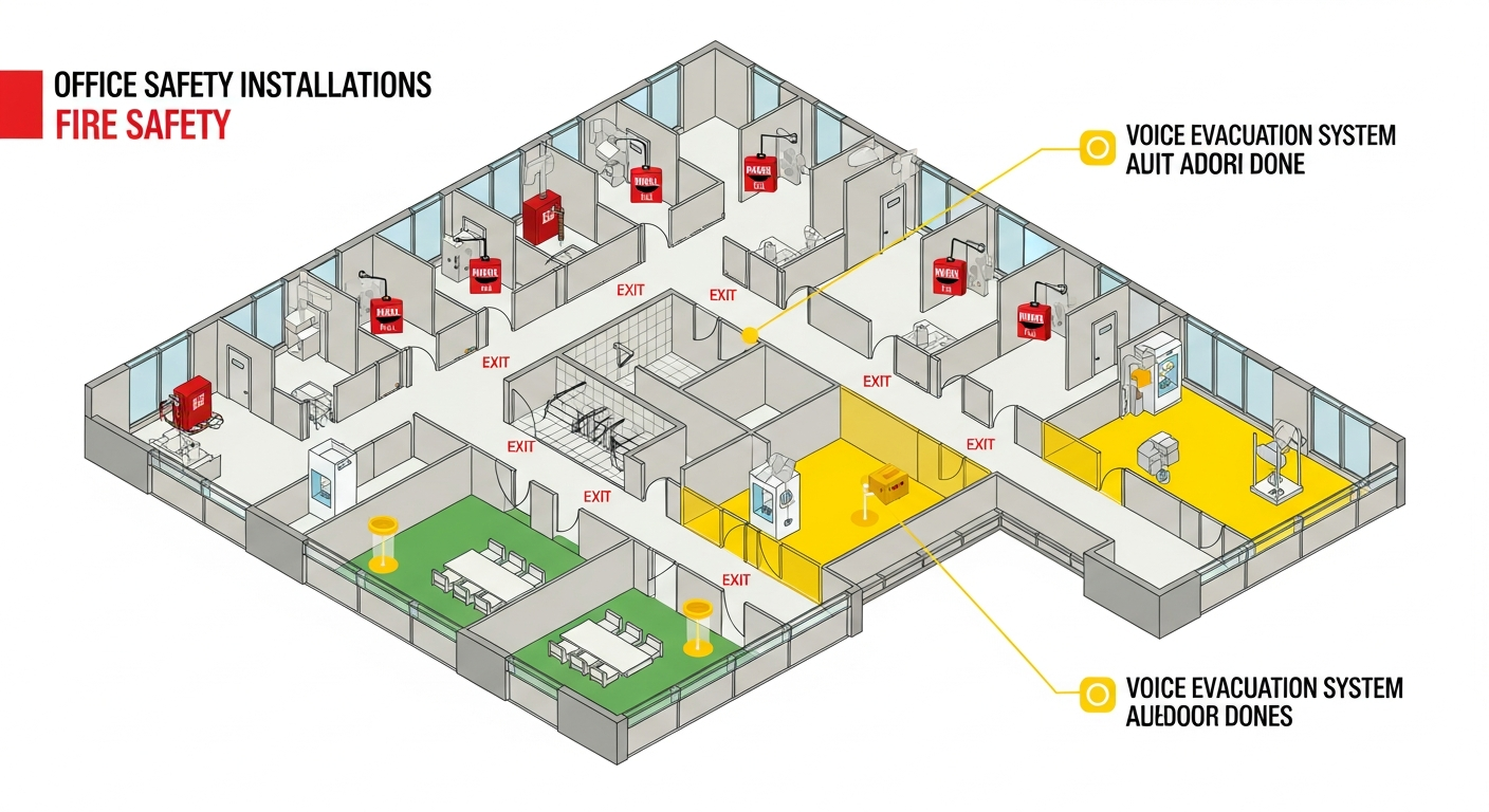 Floor plan showing manual fire alarm pull stations at each exit door, audible/visual notification appliances and voice evacuation system zones