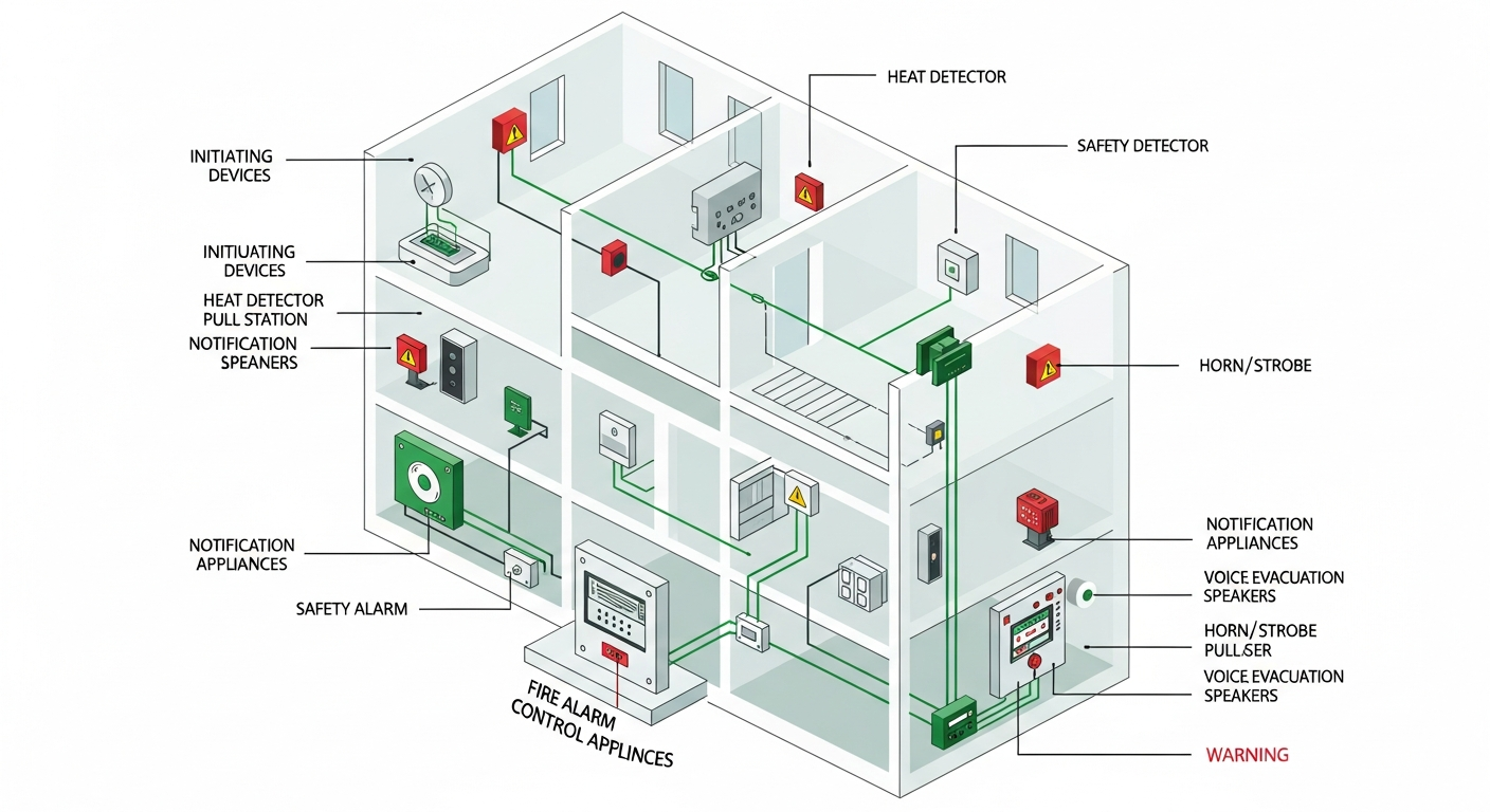 Diagram of an NFPA 72 fire alarm system showing initiating devices, fire alarm control panel and notification appliances throughout a building