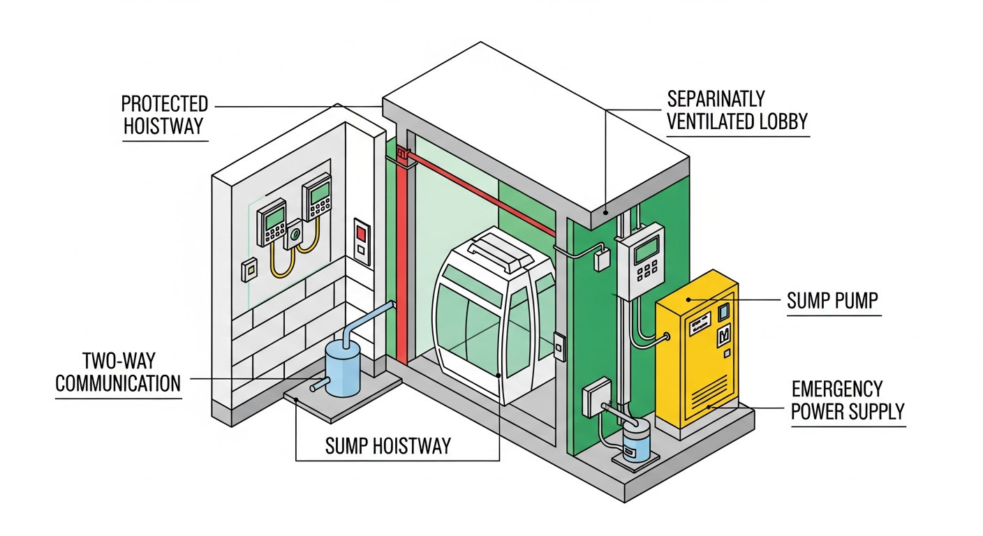 Section view of an occupant evacuation elevator showing protected hoistway, separately ventilated lobby, two-way communication, sump pump and emergency power supply