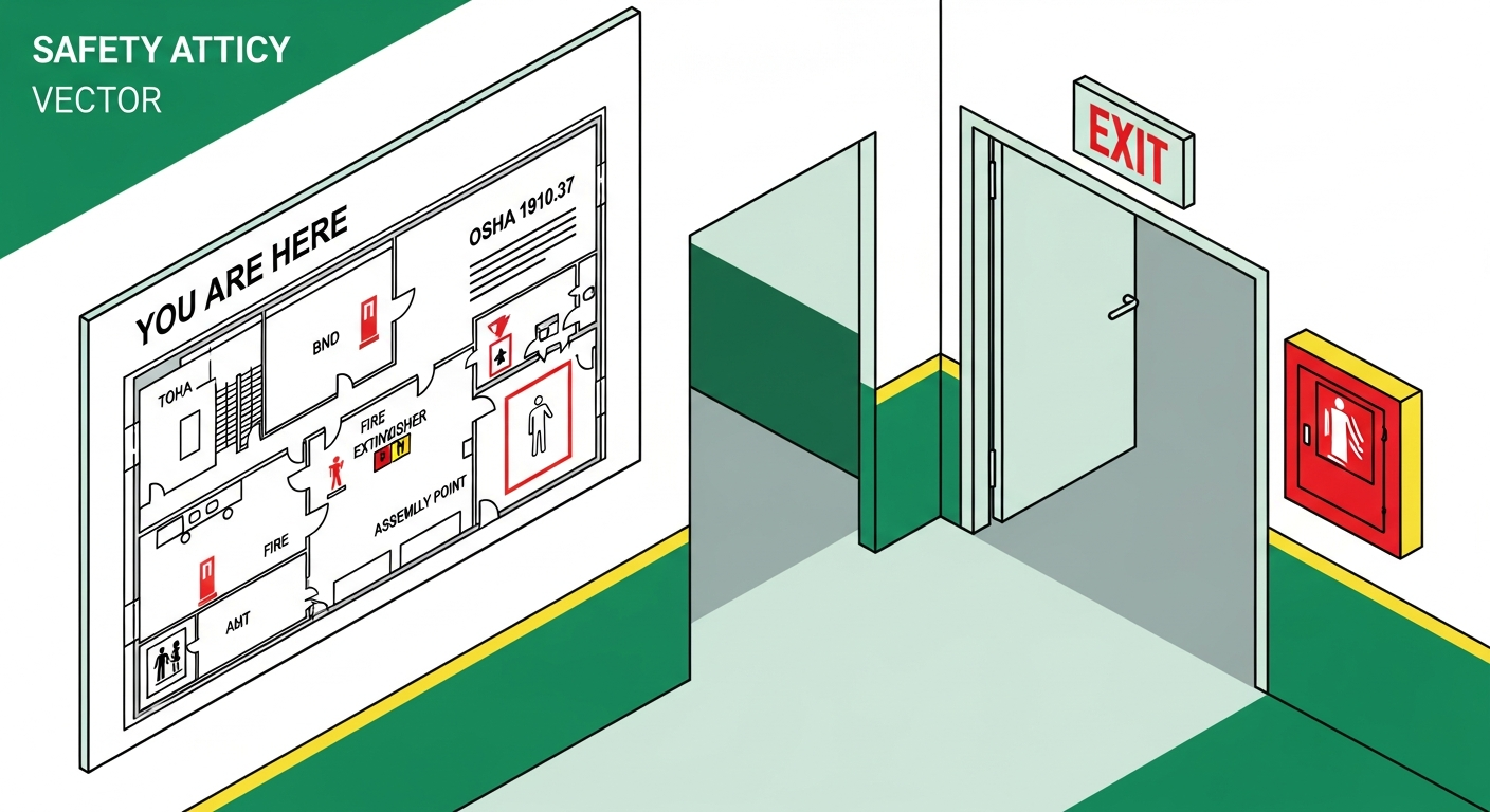 Workplace corridor with clearly marked EXIT sign, unobstructed path and posted evacuation diagram showing OSHA 1910.37 compliance