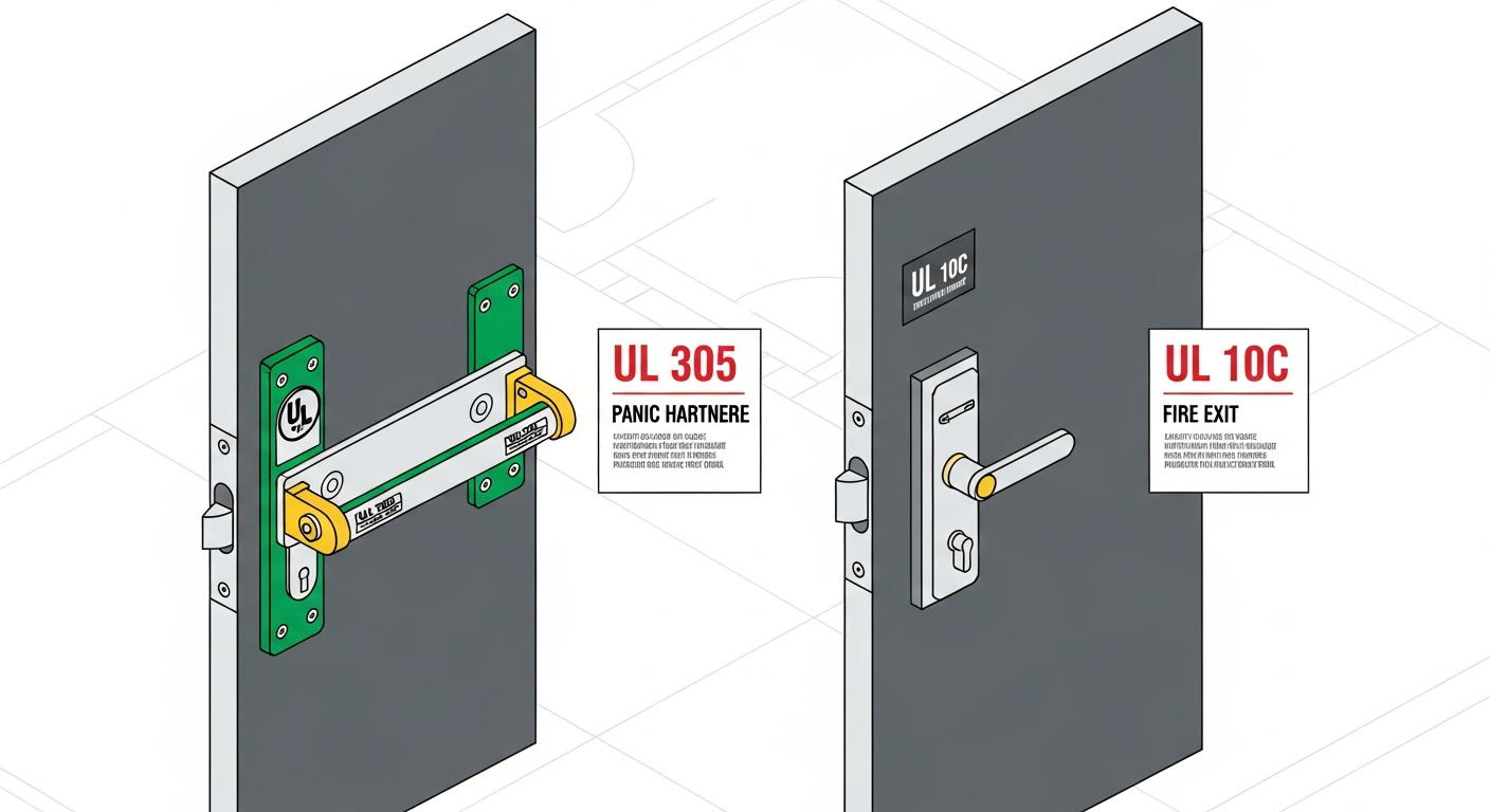 Side-by-side photographs of UL 305 panic hardware and UL 10C fire exit hardware mounted on egress doors with code labels visible
