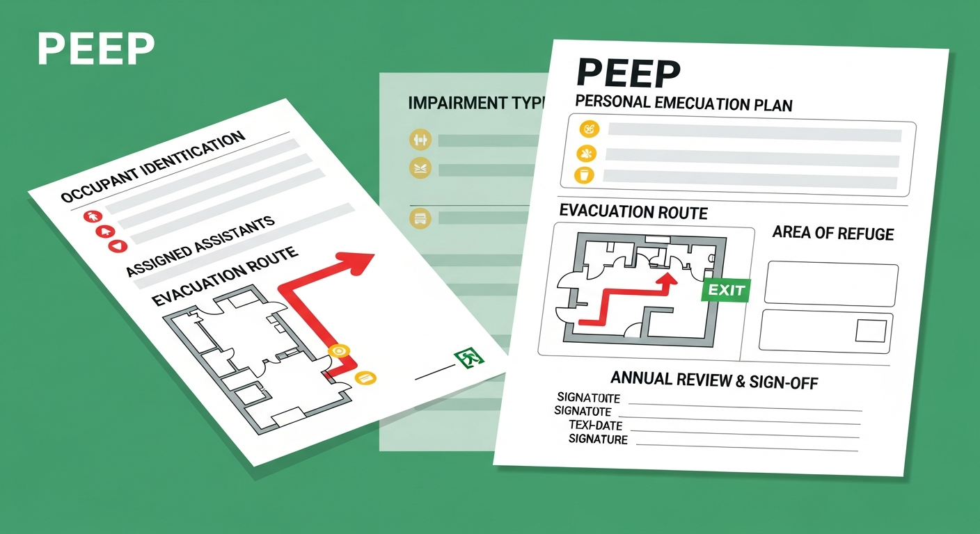 PEEP document template with sections for occupant identification, impairment type, assigned assistants, route, area of refuge and annual review signature