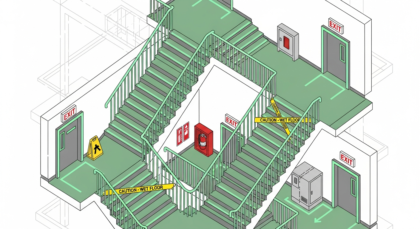 High-rise stairwell showing photoluminescent low-location egress marking on stair treads, handrails, door frames and obstacle outlines