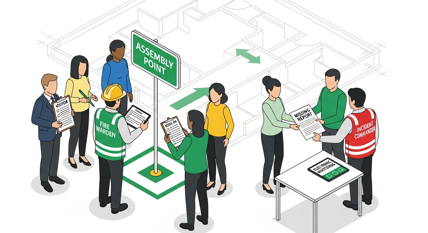 Assembly point with fire warden checking occupants against roster, visitor sign-in clipboard, electronic mustering tablet and missing person report being delivered to incident commander