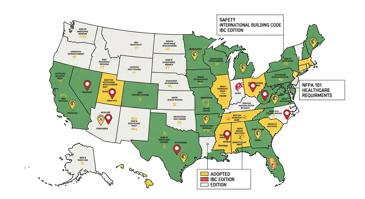 Map of the United States colored by adopted IBC edition with overlay of NFPA 101 healthcare requirements