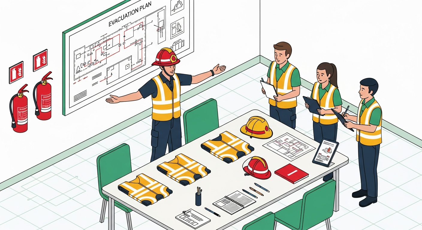 Fire warden training classroom with high-visibility vests, fire warden helmet, training materials, posted evacuation plan and instructor demonstrating sweep procedure